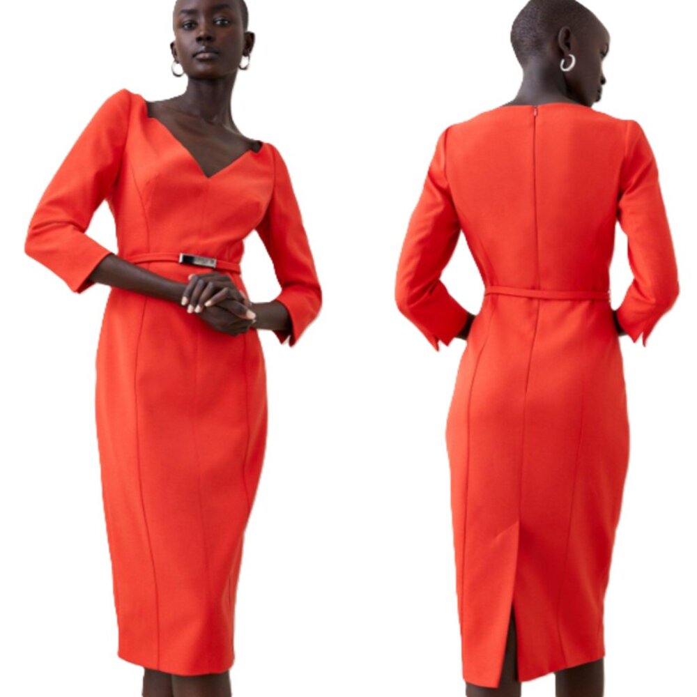 *NWT* Karen Millen Red "Forever" Structured Crepe Bar Belt Midi Dress - Size 4